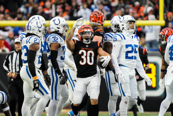 Bengals halfback Chase Brown (30) celebrates after a play during the second half of the Bengals vs. Colts game at Paycor Stadium on Sunday December 10, 2023. Bengals won the game with a final score of 34-14.
